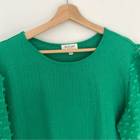 KIM & CAMI KELLY GREEN TOP/BLOUSE WITH SHEER CHIFFON STATEMENT SLEEVES, XL - Picture 5 of 10